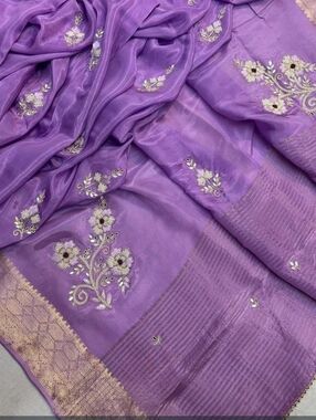 Lavender Purple Floral Silk Embroidered Saree